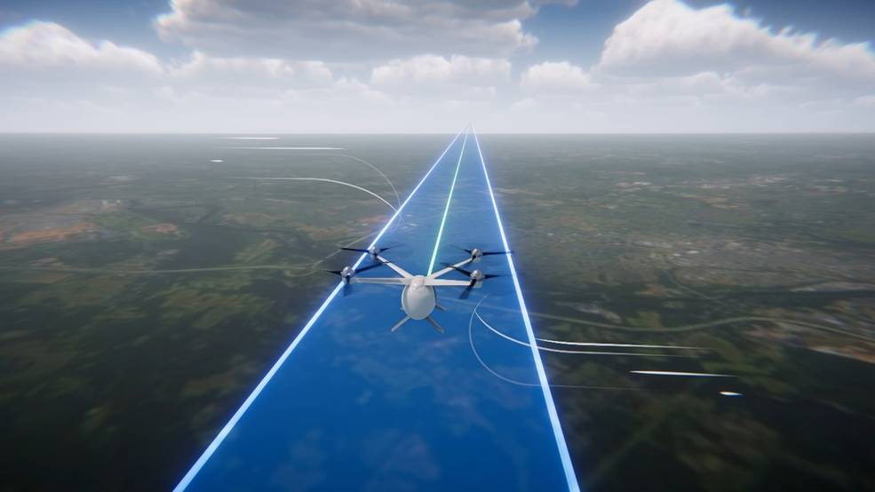 An electric vertical take-off and landing vehicle flies in a designated lane along a regional route in this render of potential Advanced Air Mobility operations