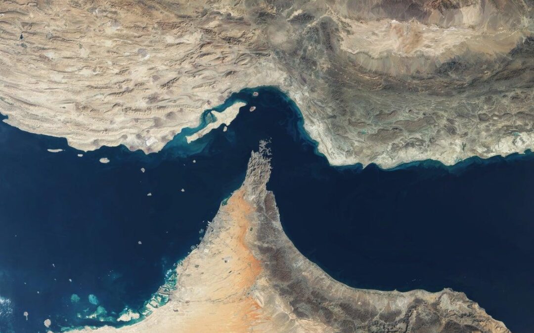 Satellite view of the Strait of Hormuz illustrating energy security, maritime trade, Iran, the Arab Gulf states, and global geopolitics. / Nikos Chatzis / Goal Consulting