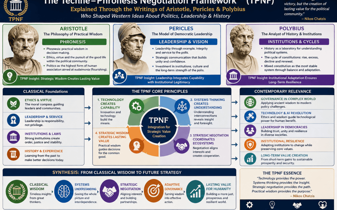 Explaining The Techne–Phronesis Negotiation Framework™ (TPNF) Through the Writings of Aristotle, Pericles, and Polybius, Who Shaped Western Ideas About Politics, Leadership, and History By Nikos Chatzis / Goal Consulting