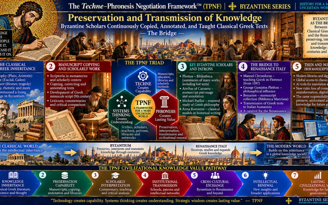 The Techne–Phronesis Negotiation Framework™ (TPNF): Preservation and Transmission of Knowledge – Byzantine Scholars Continuously Copied, Annotated, and Taught Classical Greek Texts: The Bridge By Nikos Chatzis / Goal Consulting