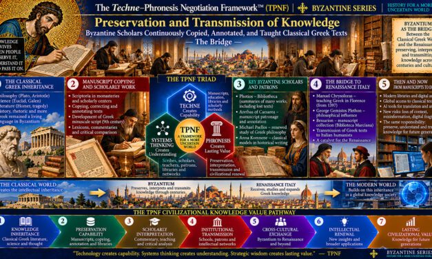 The Techne–Phronesis Negotiation Framework™ (TPNF): Preservation and Transmission of Knowledge – Byzantine Scholars Continuously Copied, Annotated, and Taught Classical Greek Texts: The Bridge By Nikos Chatzis / Goal Consulting